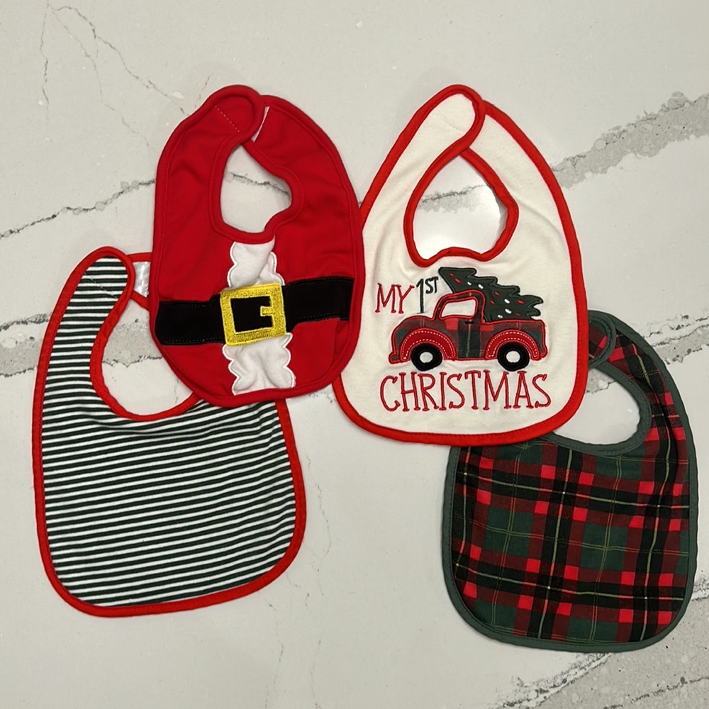 Baby Essentials Newborn Christmas Red Buffalo Bibs with extra Santa Bib included